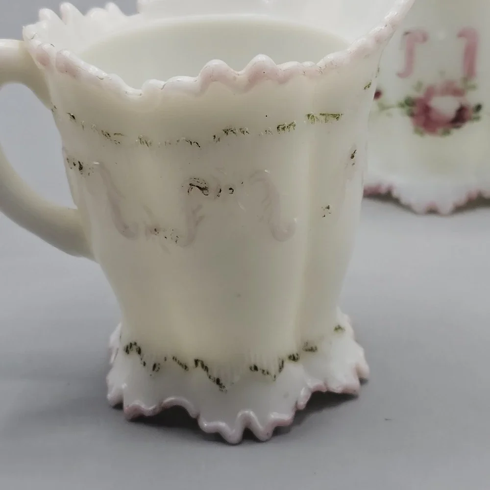 Vintage‎ EAGP Dithridge Creamer & Sugar Bowl White Milk Glass Roses Hand Painted